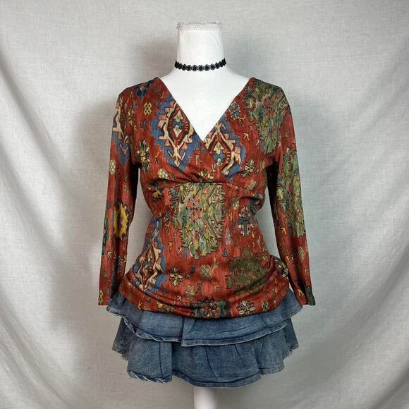 Chaps Denim Top Large Rust Multicolor Tapestry Print V-Neck Long Sleeve Boho - Picture 1 of 5